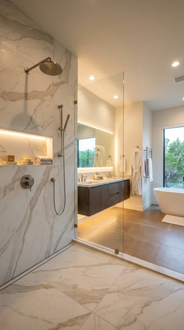 Bathroom remodel Austin TX - walk-in shower conversion with tile surround by Capital City Flooring