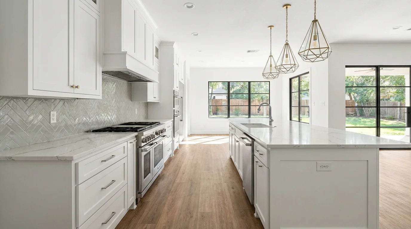Kitchen remodel Austin TX with quartz countertops and tile backsplash by Capital City Flooring